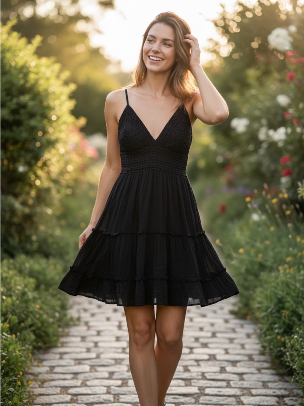Justify Black Spaghetti Strap Tiered Midi Dress